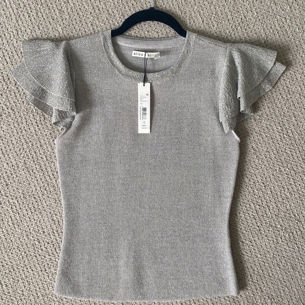 Alice and Olivia silver metallic ruffle short sleeved shirt, small